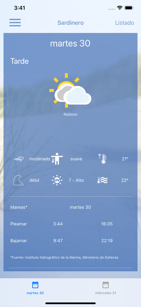 Pronóstico del tiempo para la playa del Sardinero en España, mostrando información de temperatura, viento y mareas
