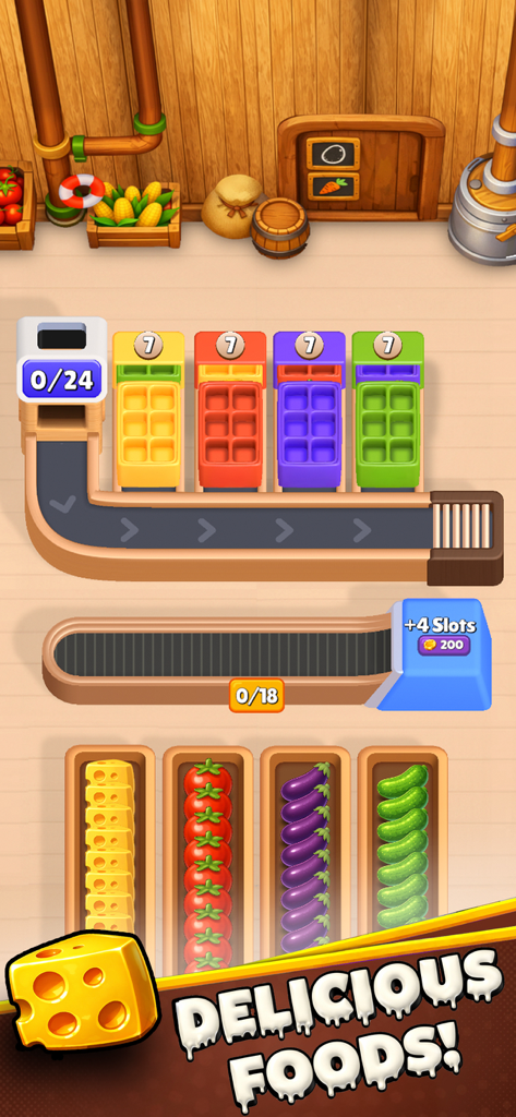 Farm Loop: Harvest Puzzle - Farm Loop Harvest Puzzleのゲームプレイ画面。コンベアベルト上のカラフルな食品と選別箱が表示されています。