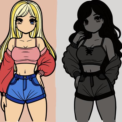 2 girls with a crop top and short shorts