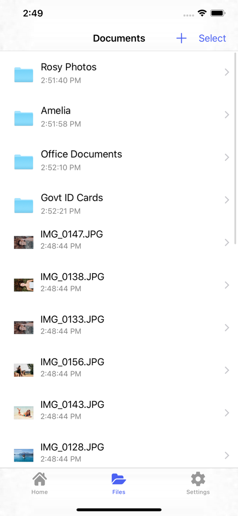Interface of Secure File Manager showing organized folders for photos documents and government IDs alongside image files