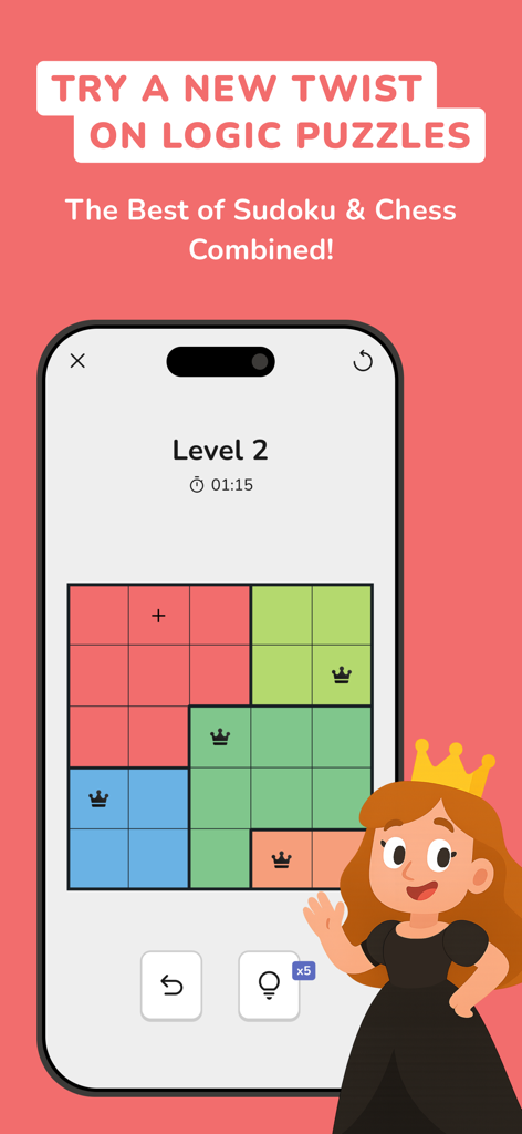 Queens: Board Puzzle Games - Captura de pantalla del juego Queens Board Puzzle mostrando una cuadrícula de lógica con símbolos de corona y un personaje de reina de dibujos animados