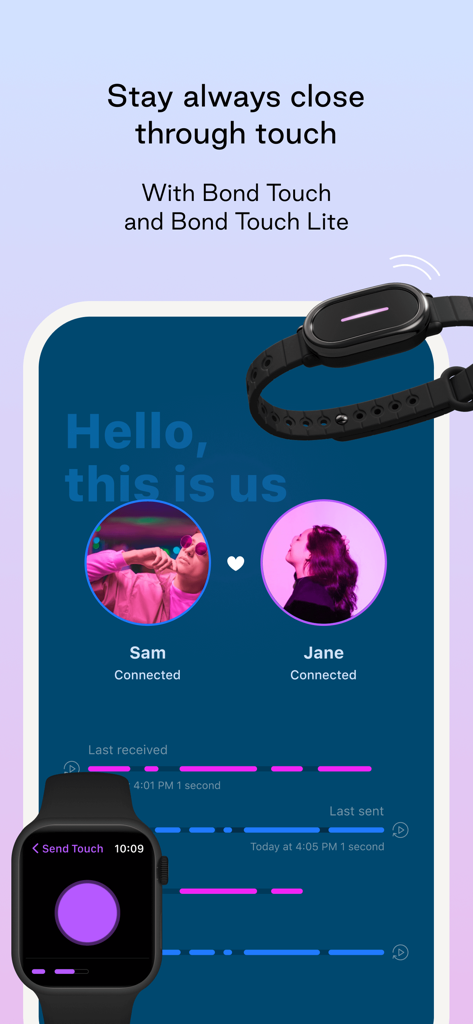 Interfaz de la aplicación Bond Touch que muestra una pareja conectada y el historial de toques con integración de pulsera física y reloj inteligente