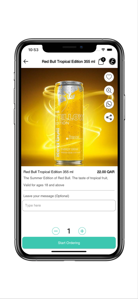 Page produit pour Red Bull Tropical Edition sur l'application d'achat Q Six Qatar.