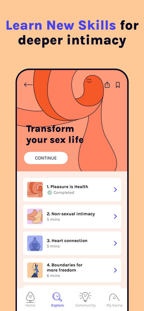 Kama: Intimacy & Connection - Kama app screen displaying courses to learn skills for deeper intimacy and connection