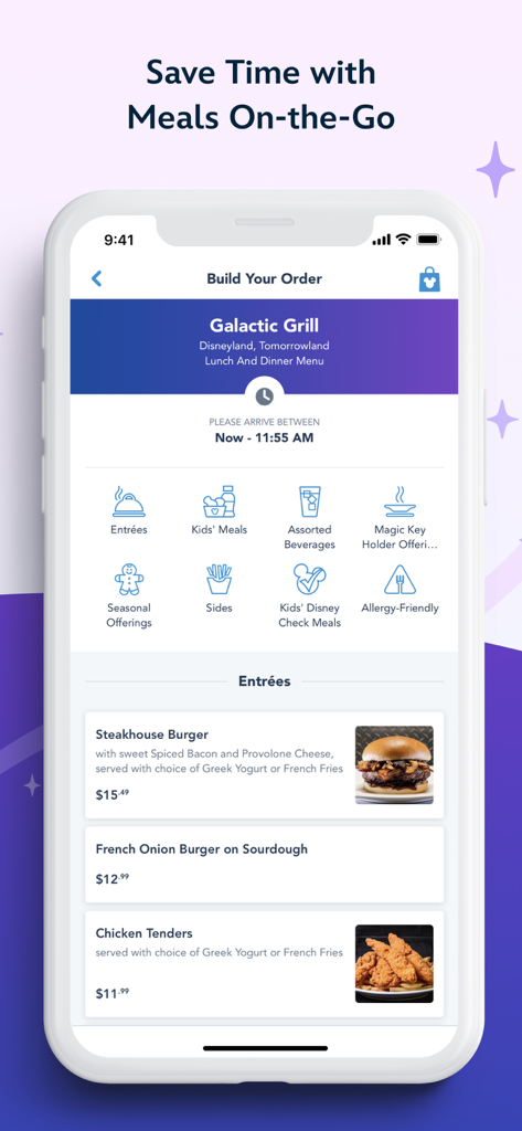 メニューオプションと到着予定時刻を表示する、ギャラクティック・グリル・レストランでのモバイルオーダー用ディズニーランド・アプリのインターフェース