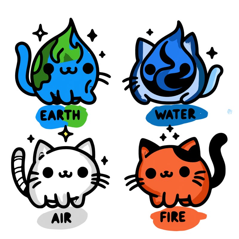 4 cats that represent the different elements, earth, water, air, and fire