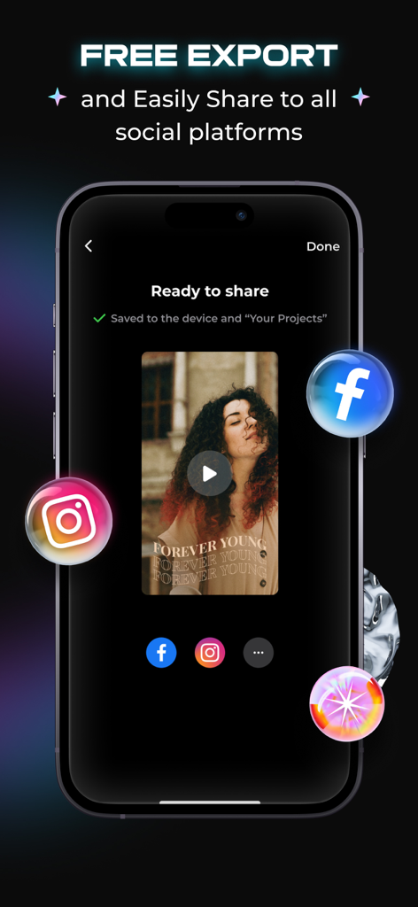 Add Music to Video - Muvi - Interface de l'application Muvi affichant les options d'exportation et de partage vidéo pour les plateformes de réseaux sociaux.