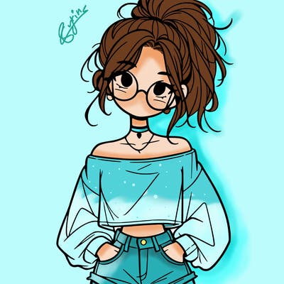 girl with a messy ponytail glasses a baggy crop top and jean shorts