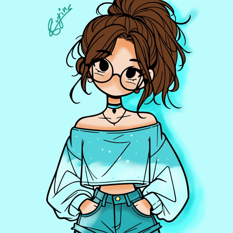 girl with a messy ponytail glasses a baggy crop top and jean shorts