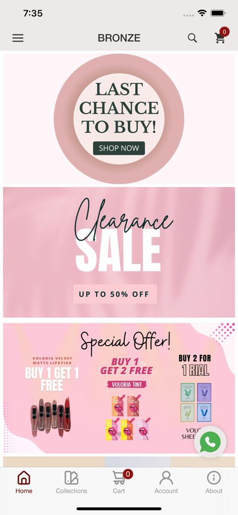 BROONZE - The home page of the BROONZE app showing beauty product sales and offers