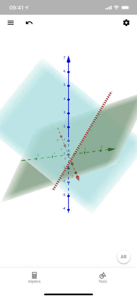 3D coordinate system with intersecting geometric planes in GeoGebra Calculator Suite