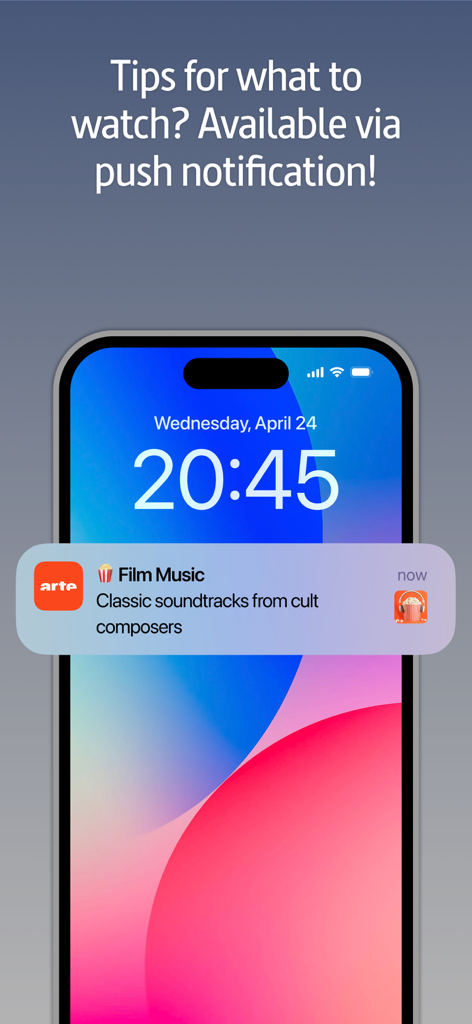 Push notification from ARTE.tv app on a mobile phone screen with cultural viewing tips.