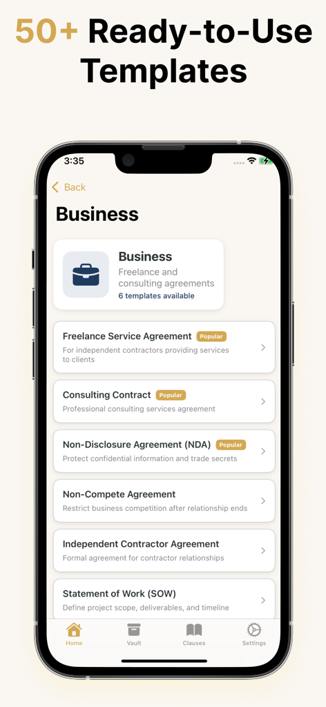 Contract Maker - AI Generator - Mobile screen showing business contract templates like NDA and Freelance Agreement