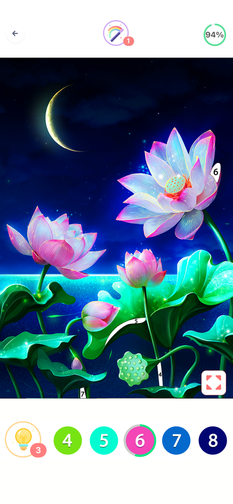 Coloring Fun : Color by Number - A color by number digital painting of pink lotus flowers under a crescent moon