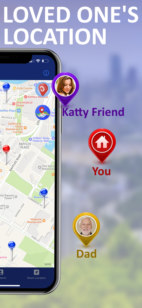 Track Me - GPS Live Tracking - Smartphone screen showing real time GPS locations of family and friends on a map