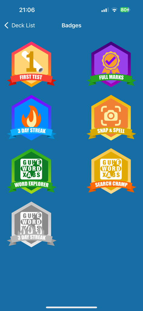 Achievement badges screen in Spelling Test Flashcards app showing various rewards for student learning milestones