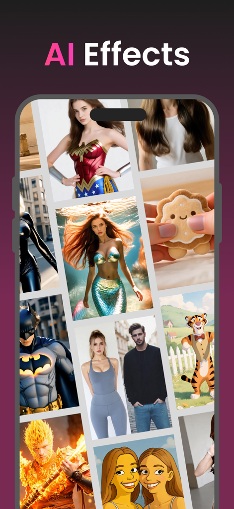 Wondersnap app interface showing a collage of various AI generated character styles and avatars under the AI Effects heading