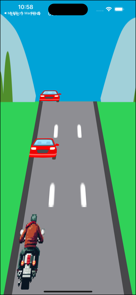 MotoRace: Oncoming Fury - Pixel art motorcycle racing game with a biker dodging red cars on a highway