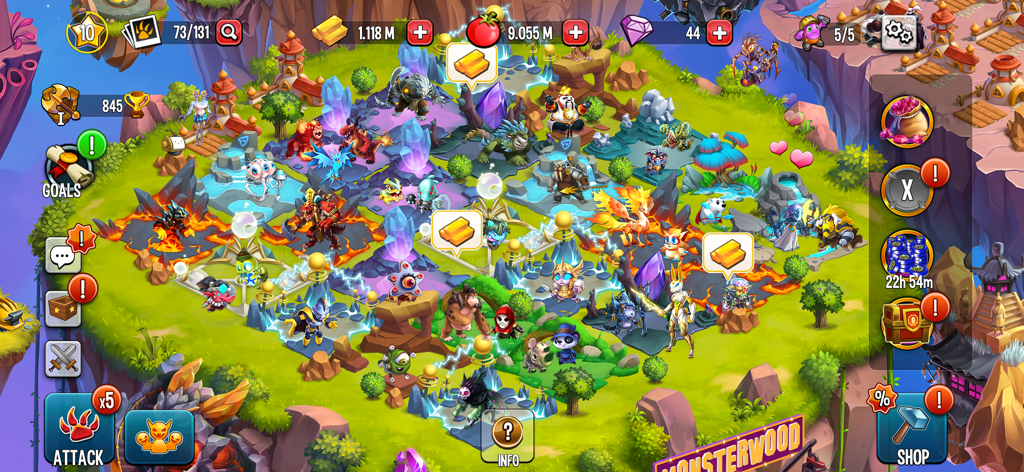 Monster Legends - Battle Game - Vista aérea del paraíso de monstruos mostrando varios hábitats y criaturas