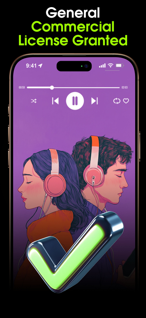 Zuka AI Music Maker app interface showing a commercial license granted message with a green checkmark.