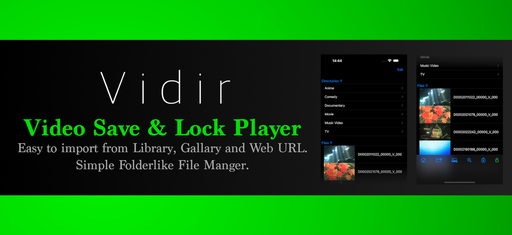 Video Saver & Player :Vidir - Promotional banner for Vidir app showing its video saving and locking features with folder management on a mobile interface.