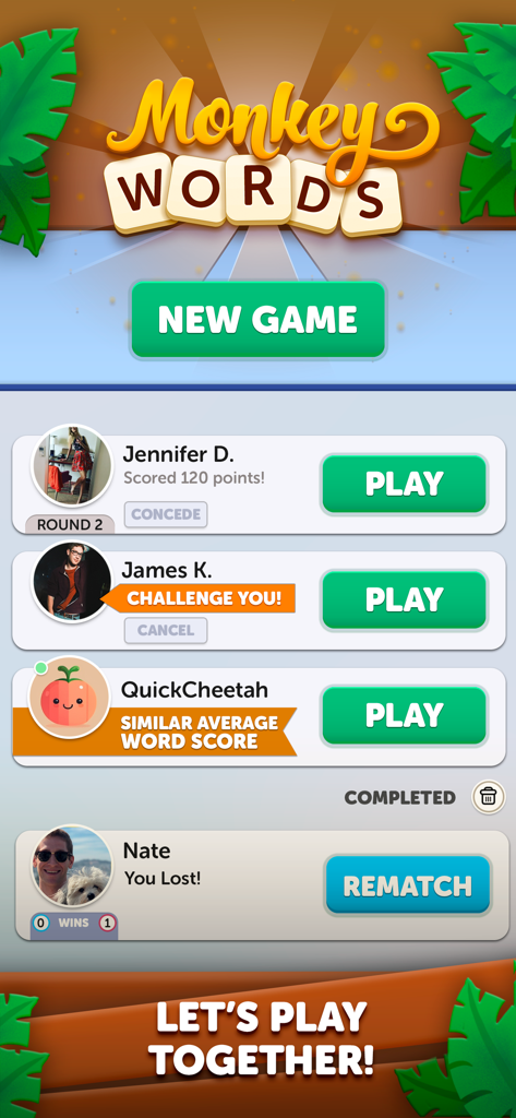 The main lobby screen of the Monkey Words app showing a list of active word game matches against other players and a button to start a new game.