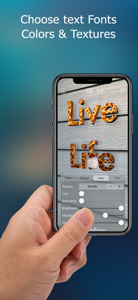 A person using the Textar app on an iPhone to customize 3D AR text with a giraffe texture