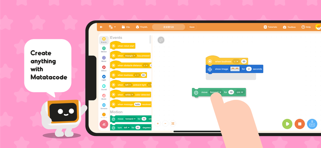 MatataCode(VinciBot) - Interfaz de la aplicación MatataCode que muestra codificación basada en bloques para el robot VinciBot