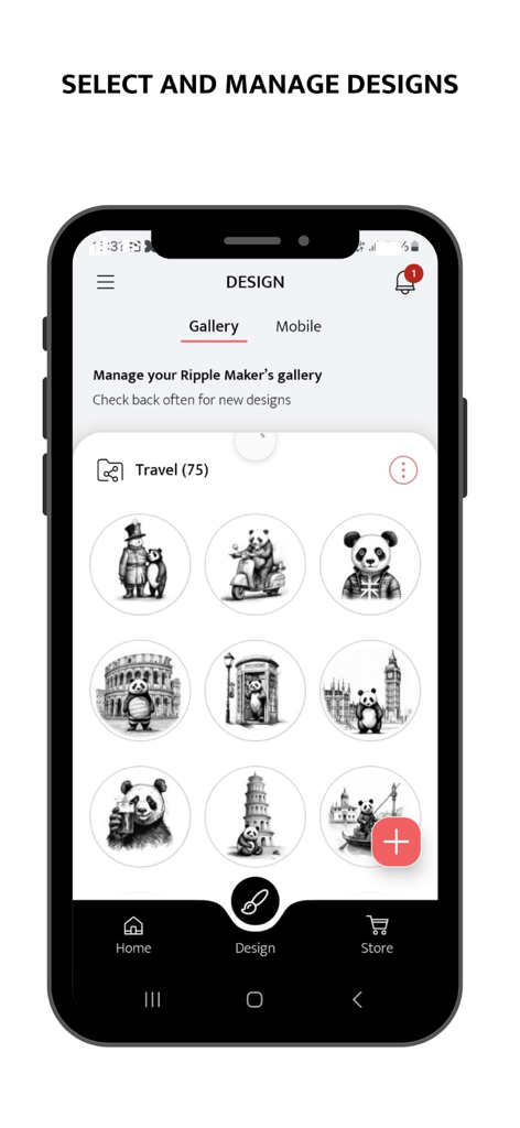 Ripples -Drink Personalization - The design gallery interface of the Ripples app displaying various circular panda illustrations for drink printing