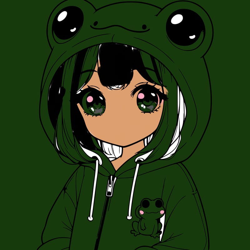 cute realistic girl in a froggy hoodie