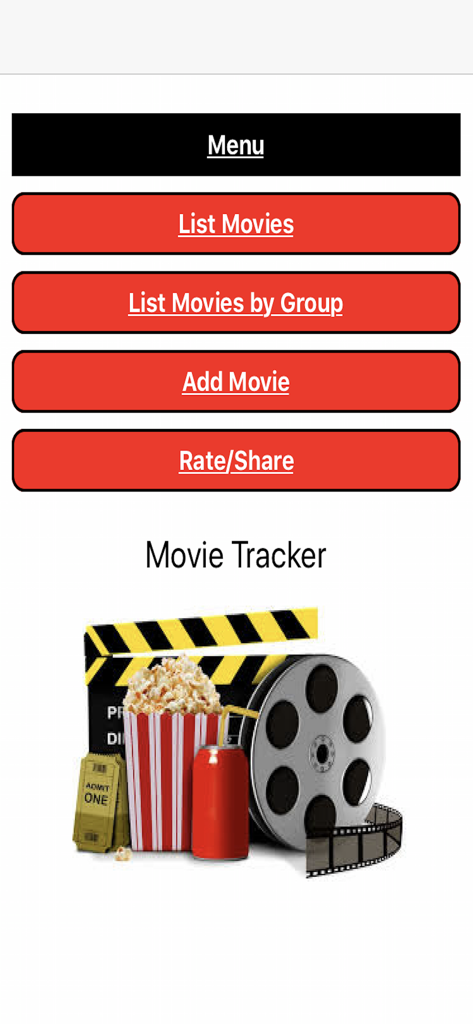 Movie Collector - Interfaz del menú principal de la aplicación Movie Collector mostrando botones de navegación e ilustraciones de cine.