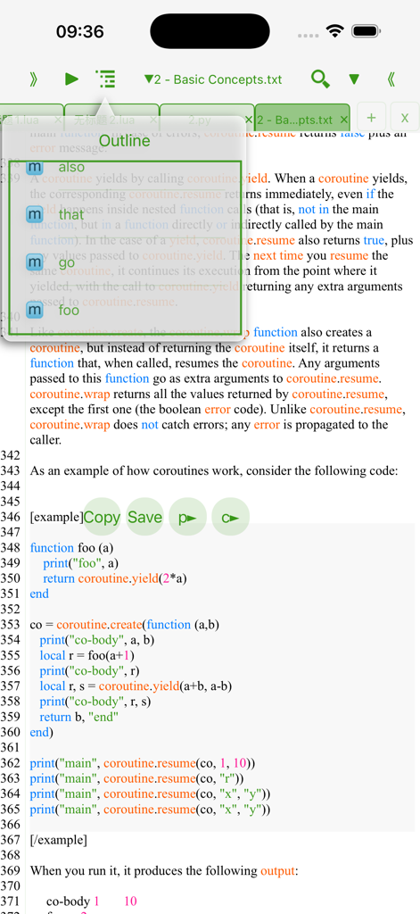 Mobile Lua IDE interface showing code outline and script examples