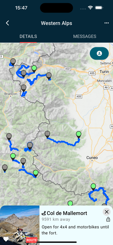 Seekers - Off-Road Navigation - App Seekers che mostra percorsi off-road e dettagli del percorso nelle Alpi occidentali