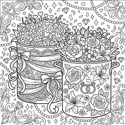 Immerse yourself in a romantic coloring experience with our intricate Wedding Stockpots design. This detailed page, filled with elegant florals and wedding motifs, offers a perfect escape for adults seeking mindful relaxation.