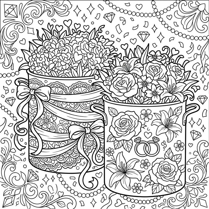 Immerse yourself in a romantic coloring experience with our intricate Wedding Stockpots design. This detailed page, filled with elegant florals and wedding motifs, offers a perfect escape for adults seeking mindful relaxation.
