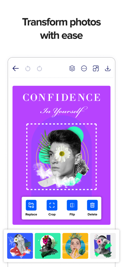 Poster Maker - Flyers Design - Mobile app interface showing photo transformation tools and a creative poster design with artistic layers.