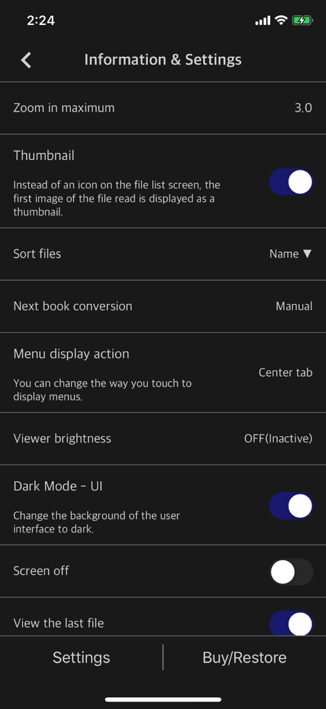 WebToon Reader - WebComic File - Pantalla de configuración de la aplicación para Lector WebToon con modo oscuro activado y opciones de personalización