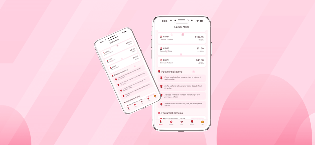 L0ver1 - Mobile screen showing ingredient market prices and lipstick formulas in the L0ver1 app