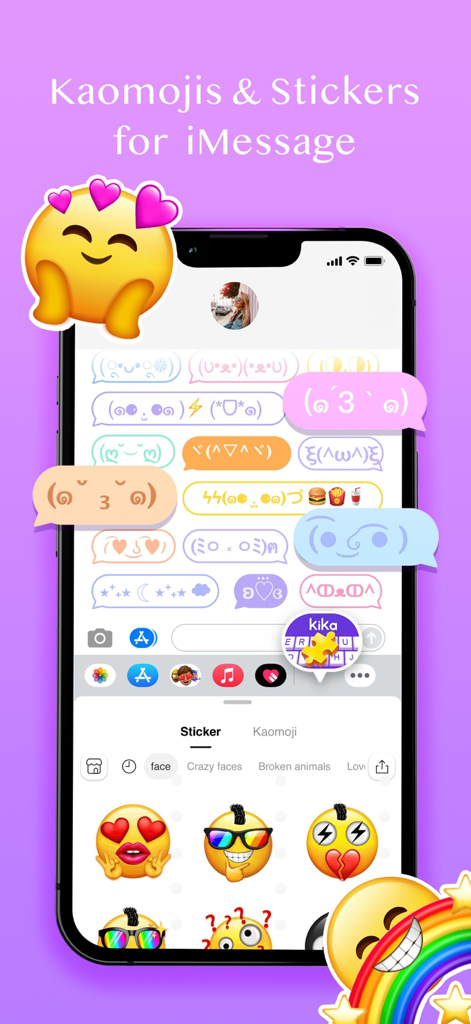 iPhone screen displaying colorful kaomojis and expressive emoji stickers in an iMessage chat interface.