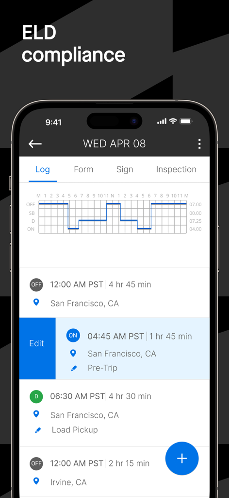 Motive Driver app interface showing ELD compliance log and hours of service graph