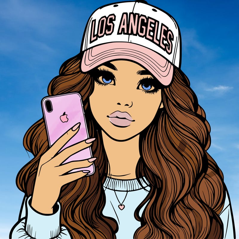 realistic beautiful girl wearing los ángeles cap holding an iphone