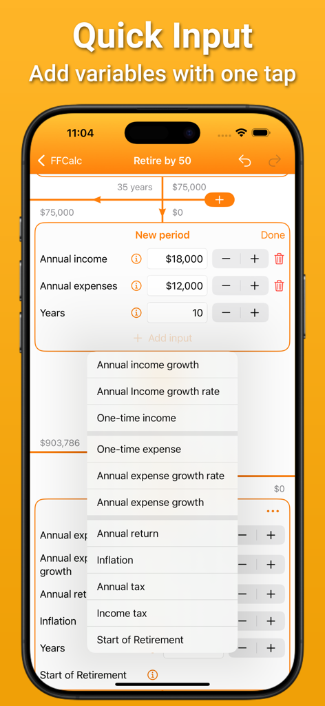 Retirement calculator app screen for adding financial variables like income and expenses