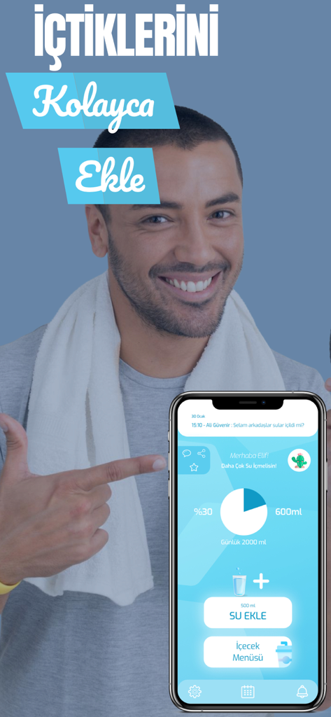 Waterholic Water Tracker Daily - A smiling man pointing at a smartphone showing the Waterholic app interface with daily water intake progress