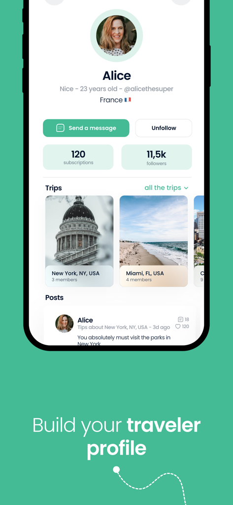 AuPairTrip - Interfaz de la aplicación AuPairTrip que muestra el perfil de un usuario con sus viajes personales y estadísticas de seguidores