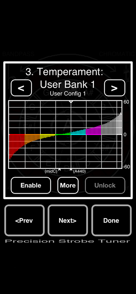 La pantalla de configuración de temperamento en la aplicación Precision Strobe Tuner muestra un gráfico colorido de la curva de estiramiento del piano.