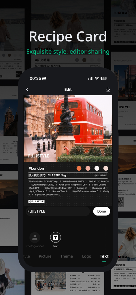 FujiStyle - Film Recipes Frame - FujiStyle app interface showing film simulation recipe parameters on a custom photo card