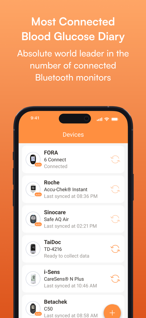 MedM Blood Sugar Diary app showing a list of connected Bluetooth glucose monitors