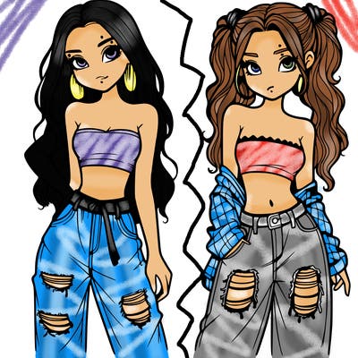 2 girls in crop tops and baggy jeans ripped