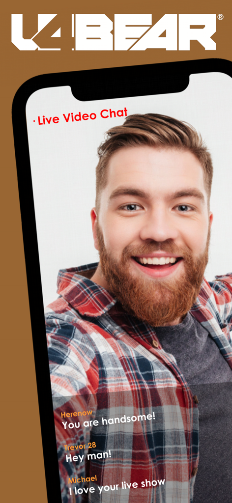 Capture d'écran de l'application u4Bear présentant un appel vidéo en direct avec un homme barbu souriant portant une chemise à carreaux