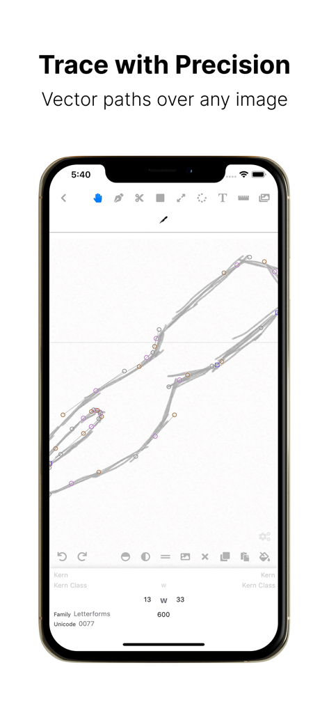 Letterforms - Font Maker - Smartphone screen showing vector path tracing over a hand-drawn letter in the Letterforms app